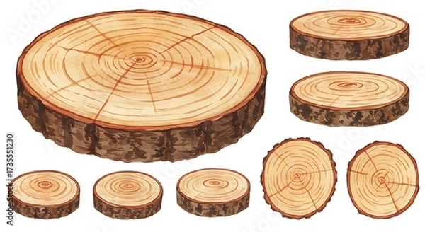 Obraz Watercolor illustration of various wooden tree slices isolated on white