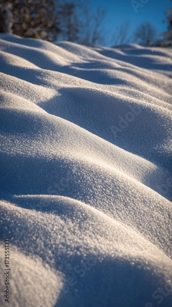 Fototapeta Serene winter landscape with smooth snow-covered hills under blue sky with distant trees du daytime