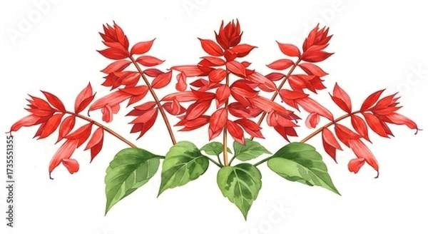 Obraz Watercolor illustration of vibrant red flowers with green leaves isolated