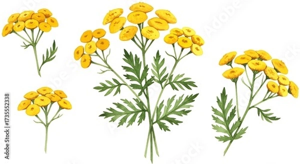 Obraz Watercolor illustration of yellow tansy flowers on white background