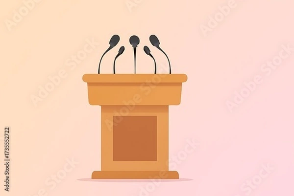 Fototapeta Simple Wooden Podium with Microphones Against a Light Pink Background for Presentation and Speaking