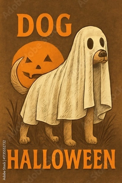 Fototapeta Playful Dog Dressed as Ghost for Halloween with Pumpkin Background in Creative Vintage Style
