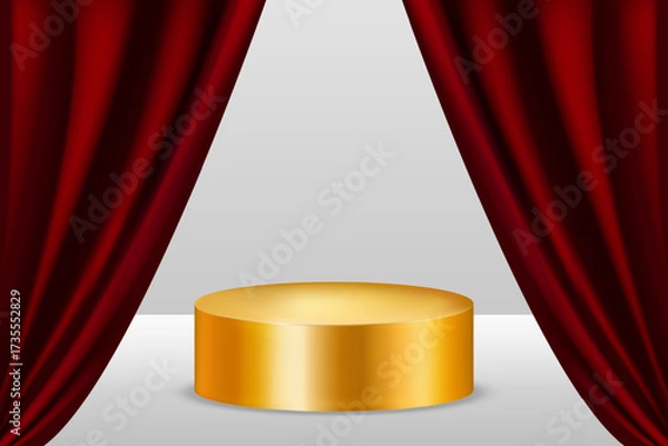 Fototapeta Golden podium against the background of red curtains. Can be used for product demonstration. Realistic vector illustration.