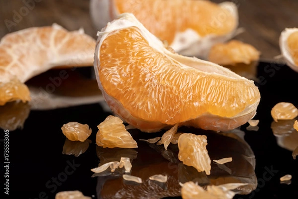 Fototapeta citrus on a black surface, ripe and sweet and juicy citrus is reflected on the black surface, close up