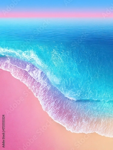 Fototapeta Vibrant colorful beach scene with turquoise waves gently crashing onto pink sandy shore under clear sky