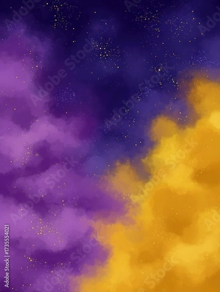 Fototapeta Abstract colorful clouds with purple yellow tones and golden speckles creating a vibrant artistic background design