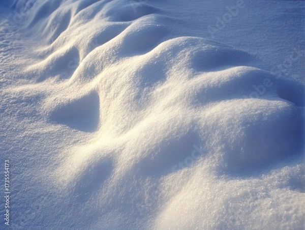 Fototapeta Close-up of smooth snow surface with gentle ripples and soft shadows in bright natural sunlight du winter daytime