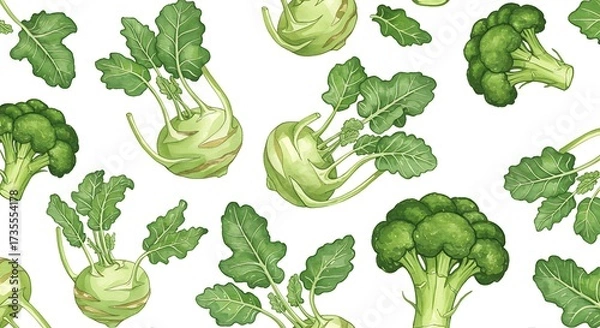 Obraz Watercolor kohlrabi and broccoli seamless pattern design on white background