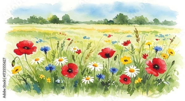 Obraz Watercolor meadow illustration with wildflowers and distant trees under a blue sky