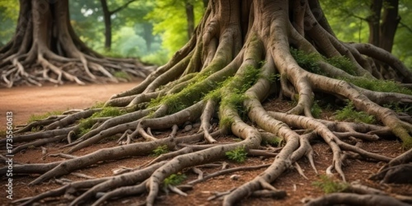 Fototapeta Weathered tree roots exposed in damp earth