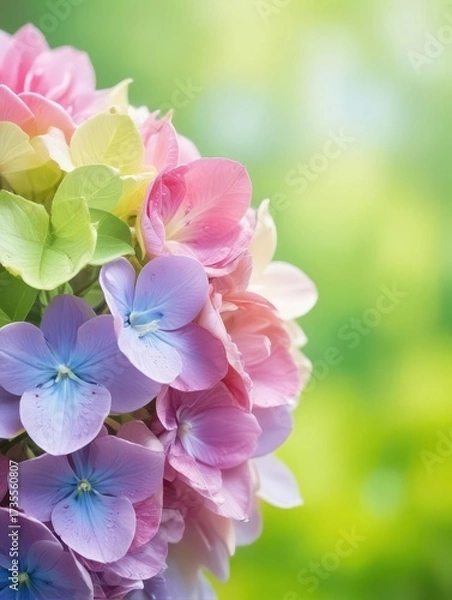 Fototapeta Close-up of delicate magnifiques hortensias color?s petals against a soft green background