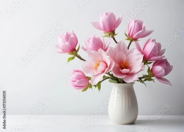 Fototapeta Pink magnolia flowers arranged in a elegant vase with a simple white background