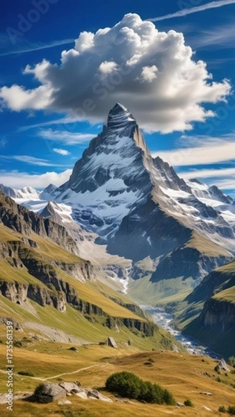Fototapeta Breathtaking panoramic view of Matterhorn peak under a cloudy blue sky from Gornergrat