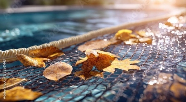 Fototapeta Autumn leaves on a pool net, shimmering water