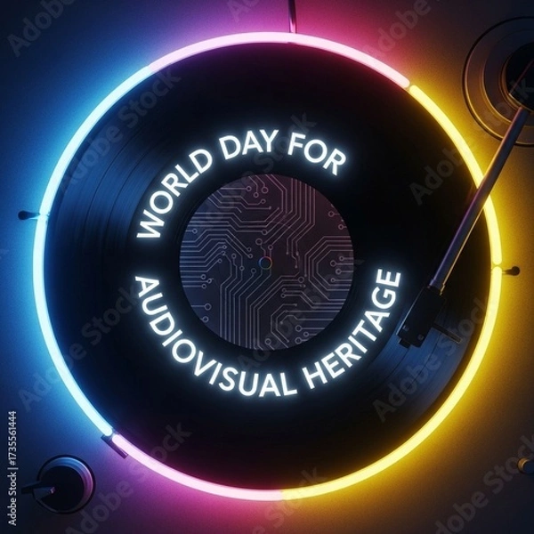 Fototapeta World Day for Audiovisual Heritage neon sign on a vinyl record with digital circuit board pattern, symbolizing legacy media preservation
