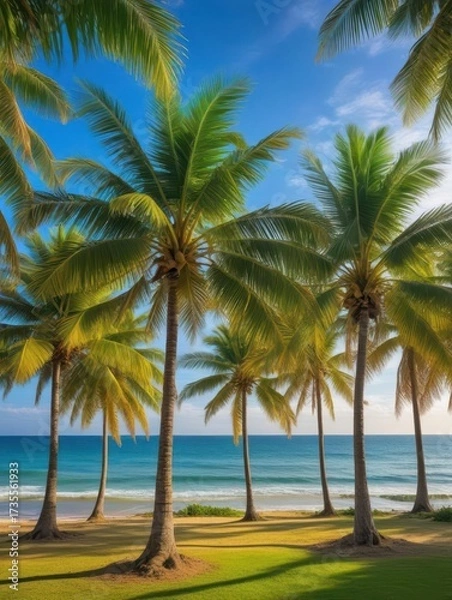 Fototapeta Palm trees sway gently in the ocean breeze