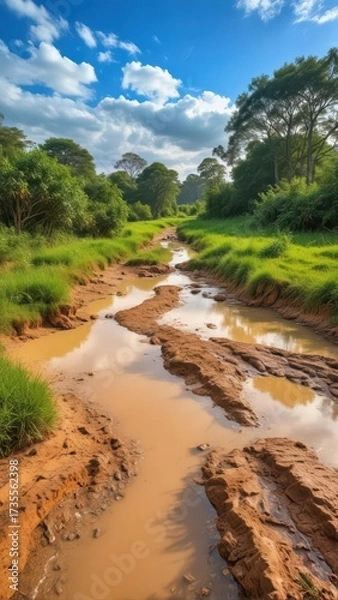 Fototapeta Muddy terrain with squelching mud puddles and lush greenery