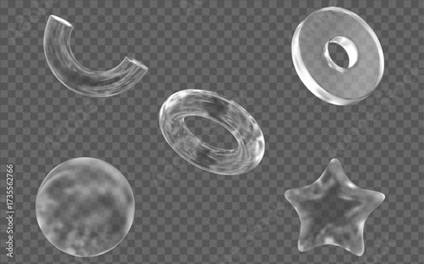 Fototapeta 3d set glass transparent geometric shape:  sphere, torus, star, disk. Simple white figures with grid for your design. Stock vector illustration on isolated background.