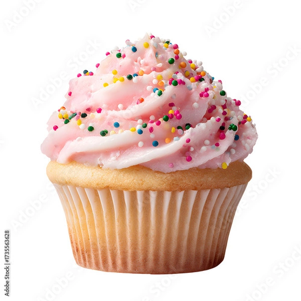 Fototapeta Cupcake with pink frosting and colorful sprinkles isolated on transparent background, sweet dessert pastry for celebration or bakery design

