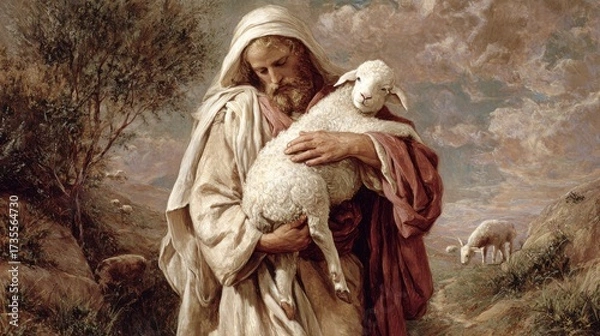 Fototapeta A shepherd lovingly holds a small lamb against his chest in a peaceful natural setting. Nearby other sheep graze quietly under a cloudy sky. This scene conveys tranquility and care.