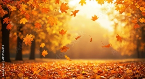 Obraz Golden Autumn - Falling Maple Leaves in Sunlit Forest, Warm Light, Serene Atmosphere.