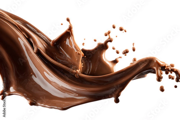 Fototapeta Chocolate splash isolated on transparent background, realistic liquid brown wave, dessert, food, drink splash element for packaging design

