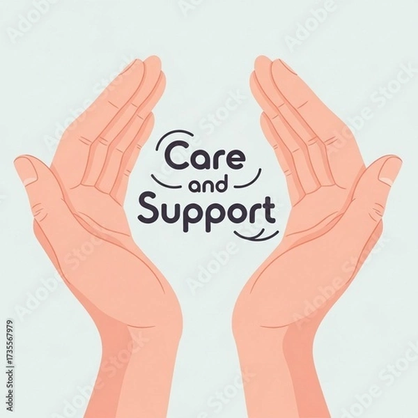Fototapeta International Day of Care and Support illustration with cupped human hands embracing the Care and Support typography, suitable for health, charity, and community services assets