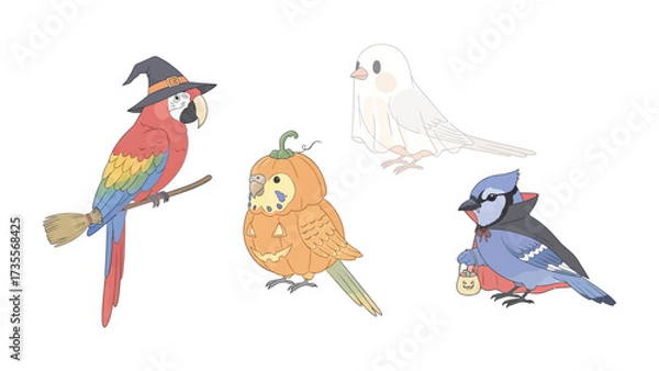 Obraz Halloween Birds illustration: A collection of whimsically illustrated birds adorned in Halloween costumes. A parrot in witch attire, a budgie inside pumpkin disguise, a blue jay with a cloak.
