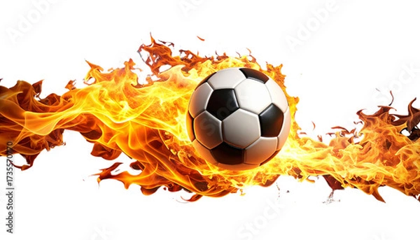 Fototapeta Black and white soccer ball engulfed in flames against a dark background, illustrating the heat of competition in the sport