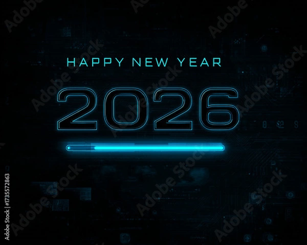 Fototapeta Futuristic 2026 in Black with Blue Glowing Loading Bar Effect
