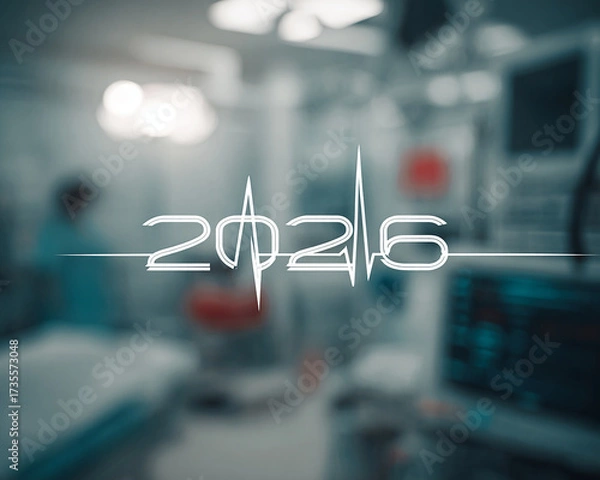 Fototapeta Happy New Year 2026 with White Numbers and Heartbeat Line
