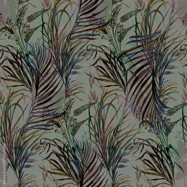 Fototapeta Seamless watercolor black and white pattern with delicate stems and leaves of palm grasses in monochrome shades for textiles