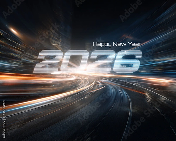 Fototapeta Dynamic ‘2026’ glowing with light trails of vehicles rushing on a futuristic highway, abstract neon streaks