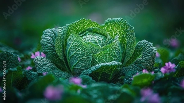 Fototapeta Verdant cabbage head amidst tiny purple blossoms in an out-of-focus field