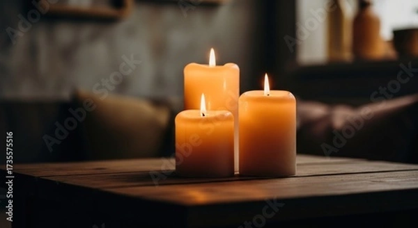 Fototapeta Warm glow from three lit candles on wooden table, blurred room backdrop