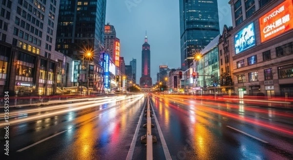 Fototapeta Urban cityscape at twilight with blurred traffic lights reflecting on wet street