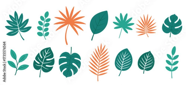 Obraz flat collection of various tropical and botanical leaves vector illustration