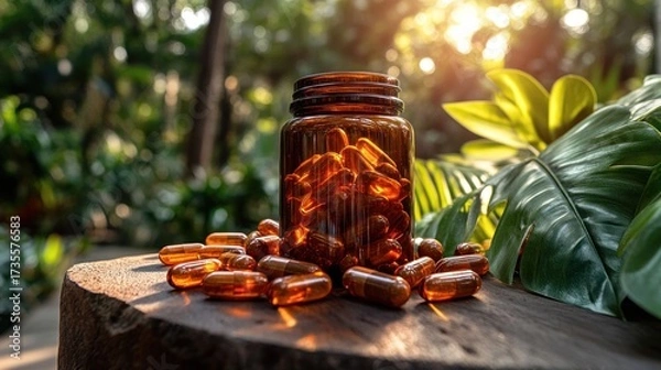 Fototapeta Vitamin capsules spilling from amber bottle, set on a rough, weathered log