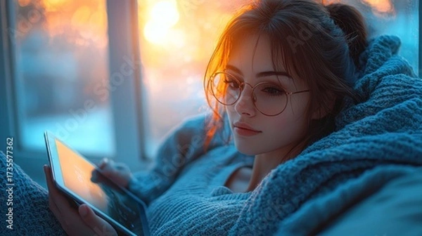 Fototapeta Woman by window wrapped in blanket holds tablet, warm light
