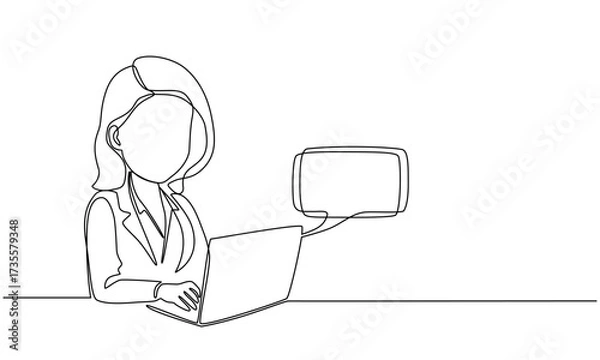 Fototapeta Woman with laptop computer in one continuous line drawing. Symbol of online texting and dialogue.