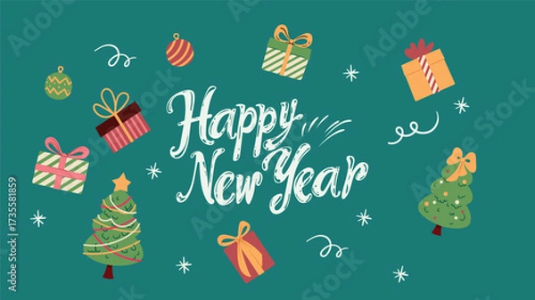 Obraz A striking, hand-drawn vector banner in bright, festive colors, offering a Happy New Year greeting. Whimsical lettering and decorative stickers stand out neatly against a green background.