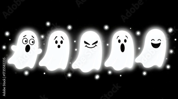 Obraz A Row of Expressive Glowing Cartoon Ghosts