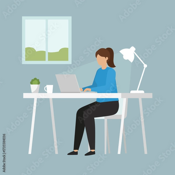 Fototapeta Flat illustration of women working on laptops in home or office settings. Modern design for freelance, online learning, remote work, and digital communication themes.