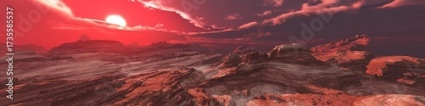 Obraz Mars at sunset, panorama of Mars, alien landscape, a panorama of a surface of another planet, 3D rendering