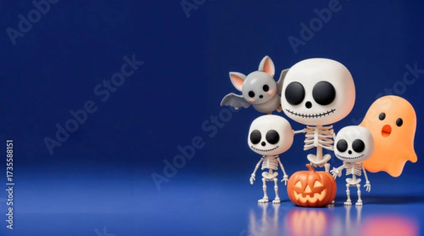 Obraz Cute Halloween Characters on Blue Background with Pumpkin