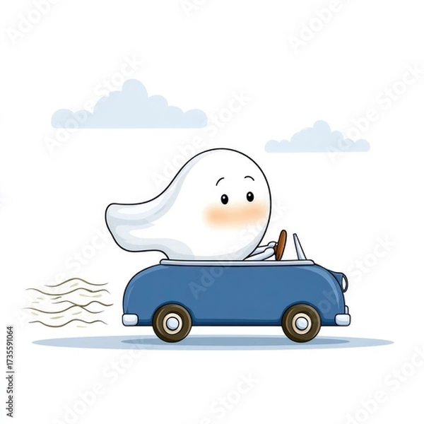 Fototapeta Whimsical ghost driving tiny car for fun and celebration design projects