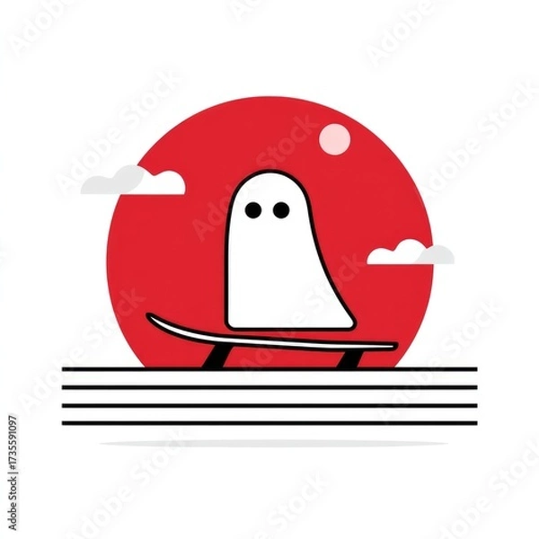 Fototapeta Surreal halloween adventure with ghost on surfboard at sunset for creative design projects