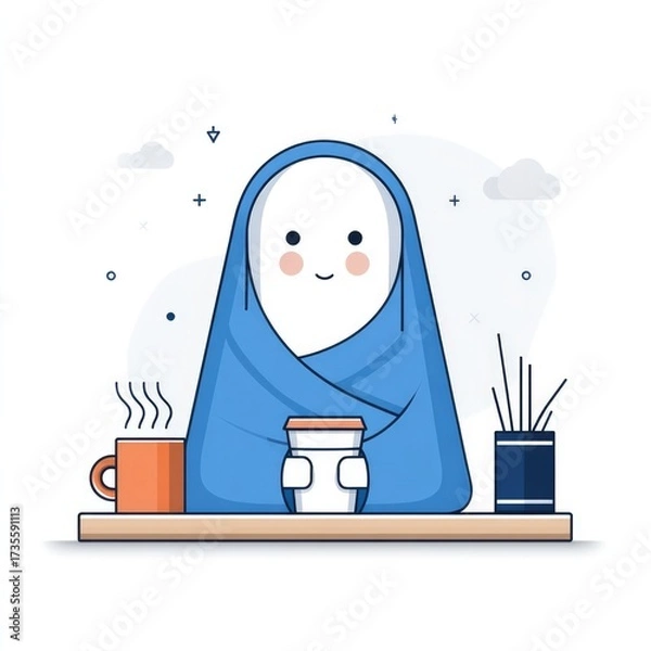 Fototapeta Cozy ghost with blue scarf enjoying warm cocoa for autumn halloween design elements
