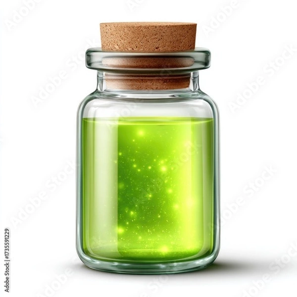 Fototapeta Enchanting bottle with glowing green magical elixir for fantasy potion concepts and mystical design