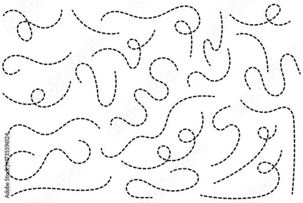 Fototapeta Hand drawn curve dotted line vector set. Path travel dotted line trip dashed trace destination track plan and silhouette, travelling symbol . Transport dot paths lines traces tourism design. 